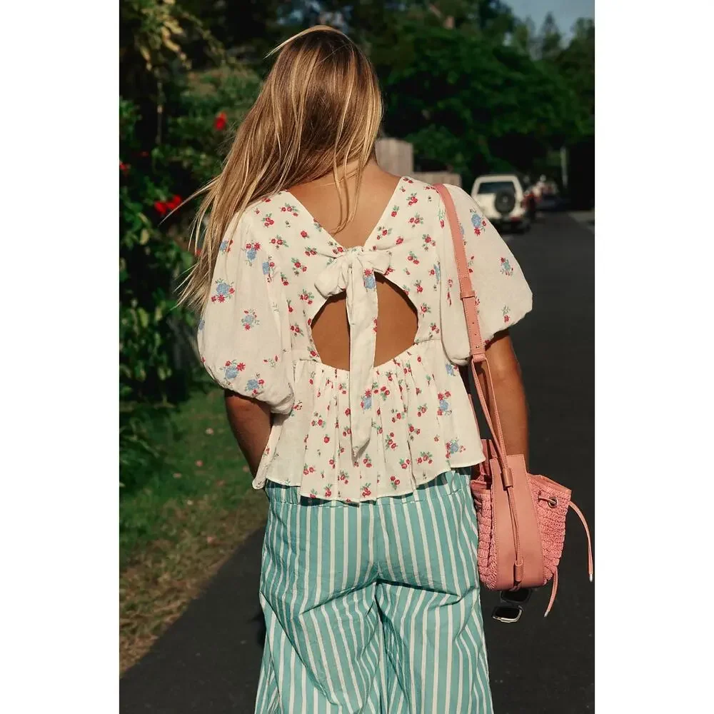 Free People Dainty Chloe Printed Top Floral XL Cottage Bow Gauze Shabby Chic